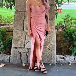 Dusty Rose High Slit Off Shoulder Silky Gown